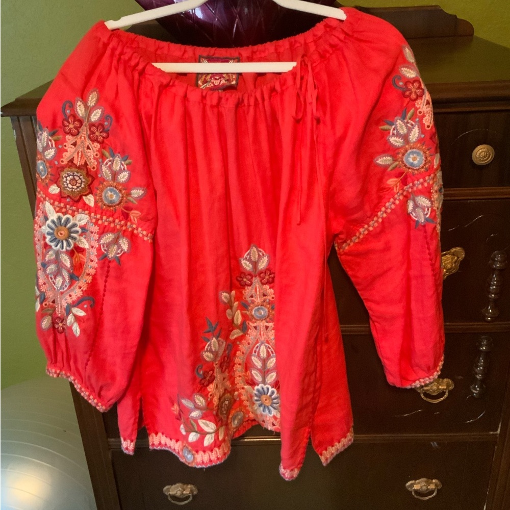 Johnny Was Red Embroidered Blouse